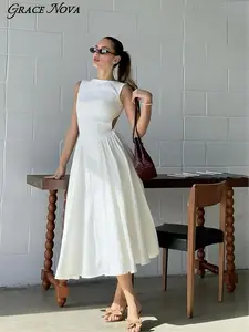 Women's Summer Long Sleeveless Dress, Elegant Chic Slim-Fitting Design, Plain, Perfect for Casual & Formal Occasions, Elegant Backless Dress
