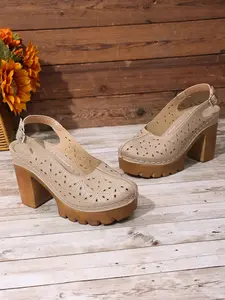 Women's New Large Size Comfortable Lightweight Fashion Versatile Solid Color Hollow Out Elegant Chunky Heel Height Boost Casual High Heeled Sandals