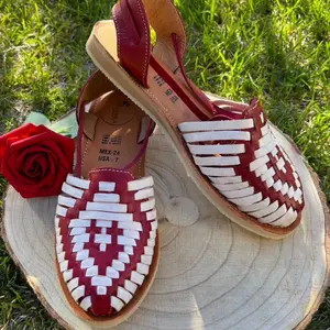 Mexican Style Huarache Sandals in Colorful Leather - Red/White, All Sizes - Shoe, Footwear