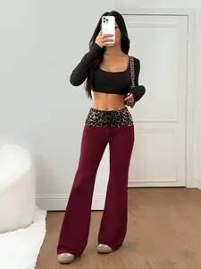 Tiger Print High Waist Wide Leg Pants, Slimming Fit Flare Jeans, Retro American Style, Y2K Casual Long Pants for Women, Leopard, Bottom, Trousers