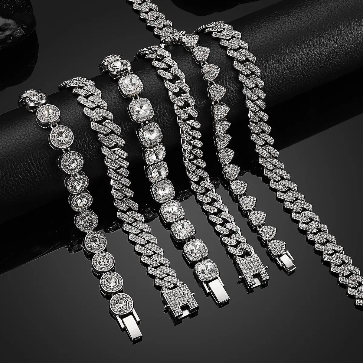 6PCS Luxurious Full Cubic Zirconia Necklace & Bracelet Set Stainless Steel Hip-hop Shiny Heart/Round Geometry Cluster Tennis Bracelets Cuban Twist Chunky Chain Trendy Stackable Jewelry Party, Proms, Music Festivals, And Holiday Wear Accessories