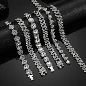 6PCS Luxurious Full Cubic Zirconia Necklace & Bracelet Set Stainless Steel Hip-hop Shiny Heart/Round Geometry Cluster Tennis Bracelets Cuban Twist Chunky Chain Trendy Stackable Jewelry Party, Proms, Music Festivals, And Holiday Wear Accessories