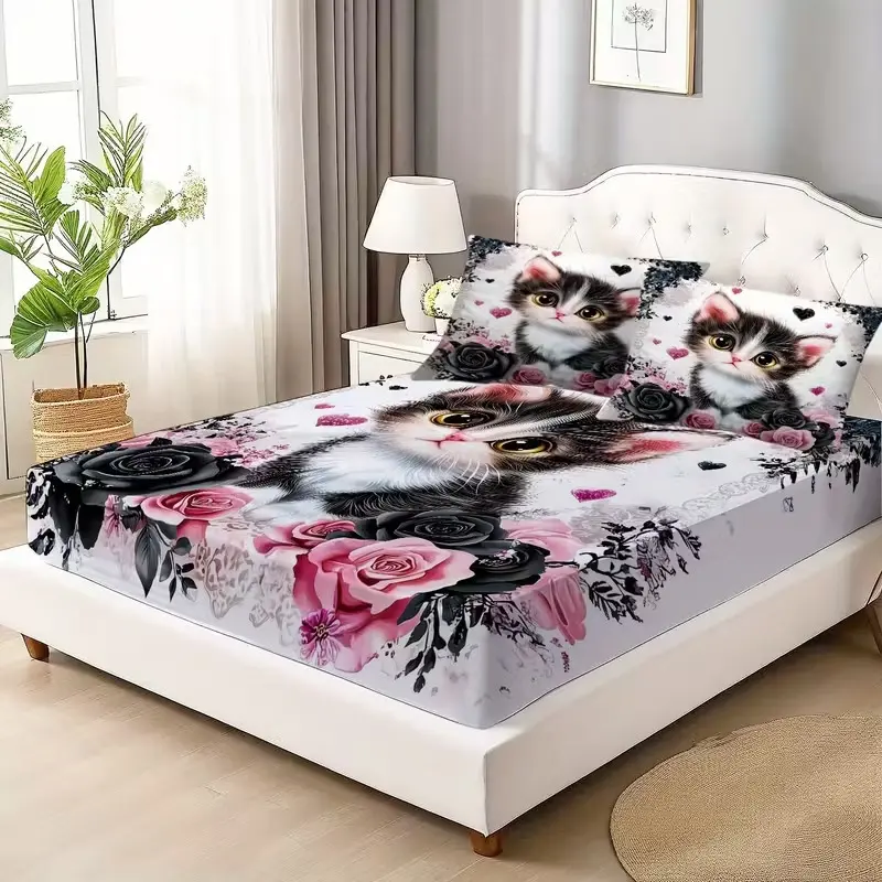 3-piece adorable black and white kitten rose-pattern bedspread set, including 1 bedspread and 2 pillowcases (unfilled), elegant bedding set, machine washable, soft sheets set, suitable for all seasons, Comfy Bed Sets