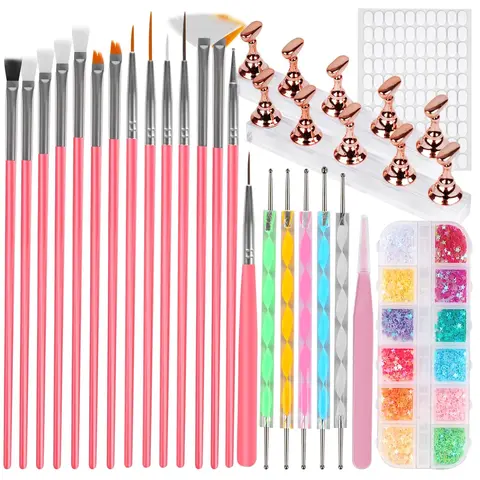 25PCS Nail Art Tools Set, Includes Nail Art Brushes, Nail Stand, Dotting Tools, Striping Liner Fingernail Drawing Pens, Jelly Glue, tweezers, Sequins, Professional Nail Art Supplies Kit