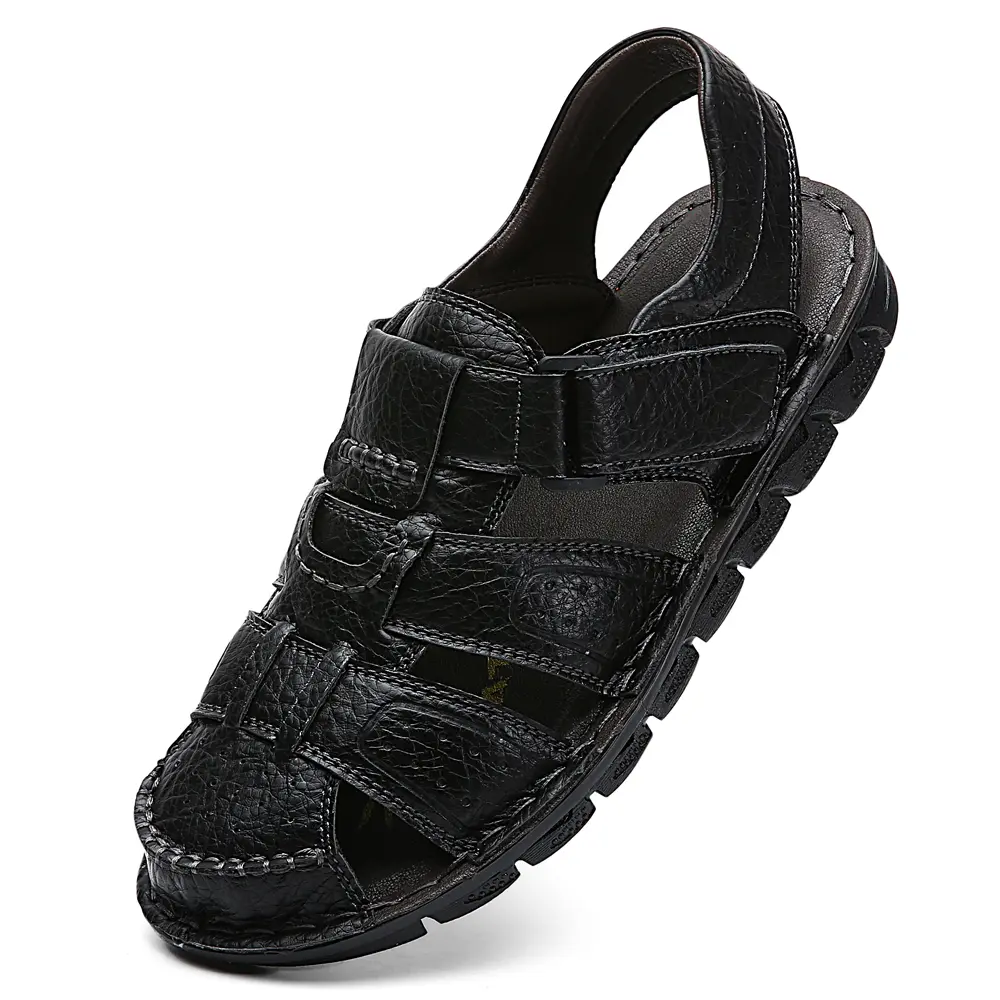 Men's PU Leather Trekking Sandals, Closed-Toe Lightweight Water Shoes with Arch Support for Outdoor Hiking, Flexible Sandals, Lightweight Sandals