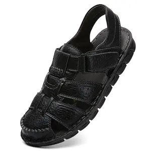 Men's Hiking Leather Sandals Closed Toe Water Shoes For Summer Athletic Outdoor Walking Sports Trail River Fishing Wide Adjustable Waterproof Arch Support