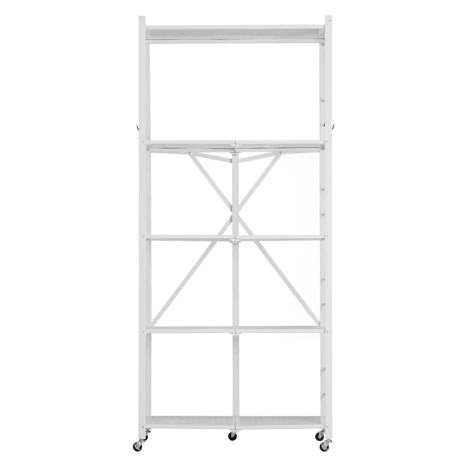 VEVOR 5-Tier Portable Carbon Steel Folding Storage Organiser Shelf, 32W x14D x72H in No-Assembly Metal Rack with 5 Wheels, 4 Hanging Hooks, Multifunctional for Pantry, Garage, White (Ideal for Stores, Exhibitions), Hanging Shelf