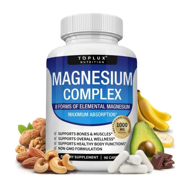 Magnesium Complex Supplement 8 Elemental 1000mg 90 Capsules with Magnesium Glycinate Citrate Malate Taurate and Chelated Magnesium for Bone Muscle Recovery and Energy Support Vegan Non GMO