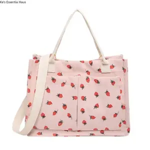 Women's Tote Bag Strawberry Print Canvas Student Shoulder Handbag Large Capacity Multi-Pocket Travel Purse Casual Daily Use Durable Totebag