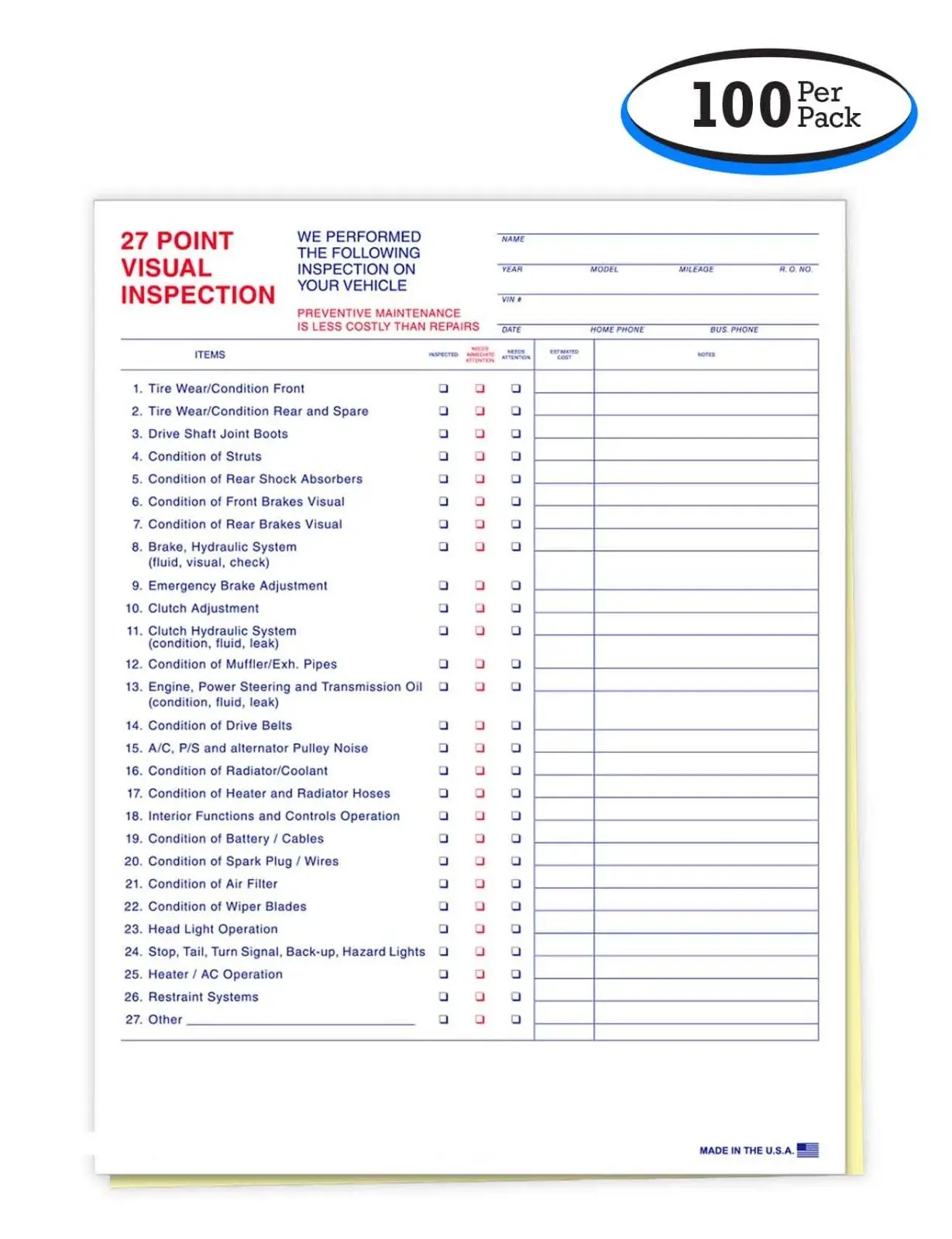 27 Point Visual Vehicle Inspection Car Sheet 2-Part (Form #27-Point) (100 pack)