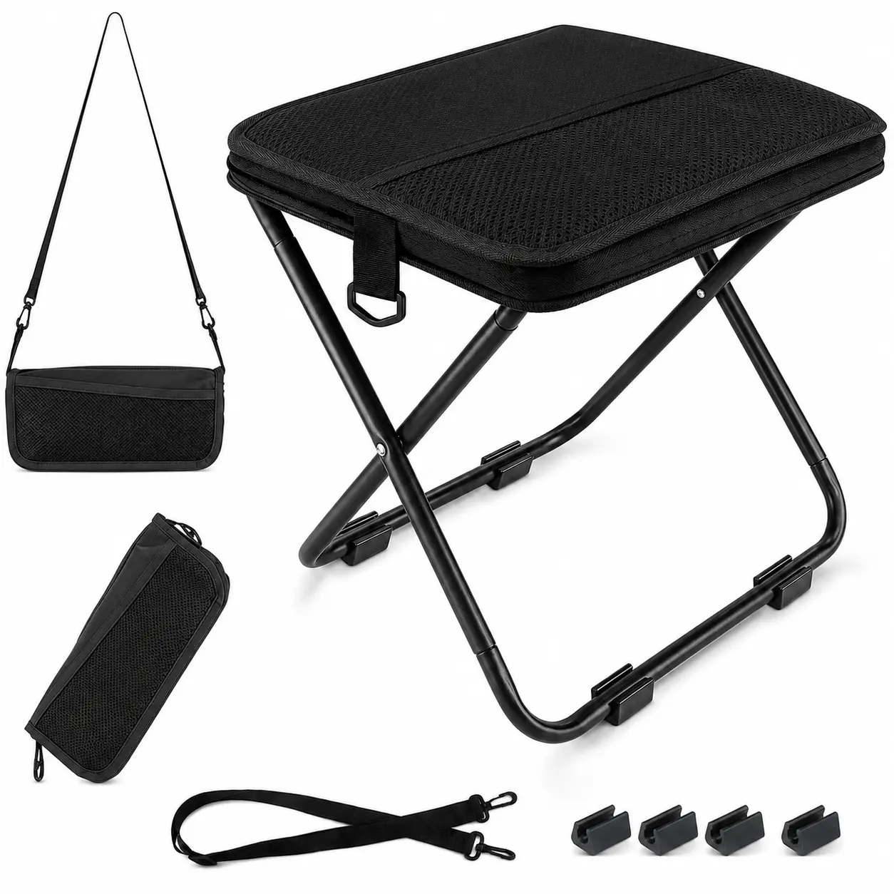 12" Compact Functional Foldable Portable Stool - Adult-Fit Collapsible Backpack Chair, 300lbs Cap, 1.65lbs Ultralight, Hands-Free Sling Carry, Built-in Pouch, for Camping, Hiking