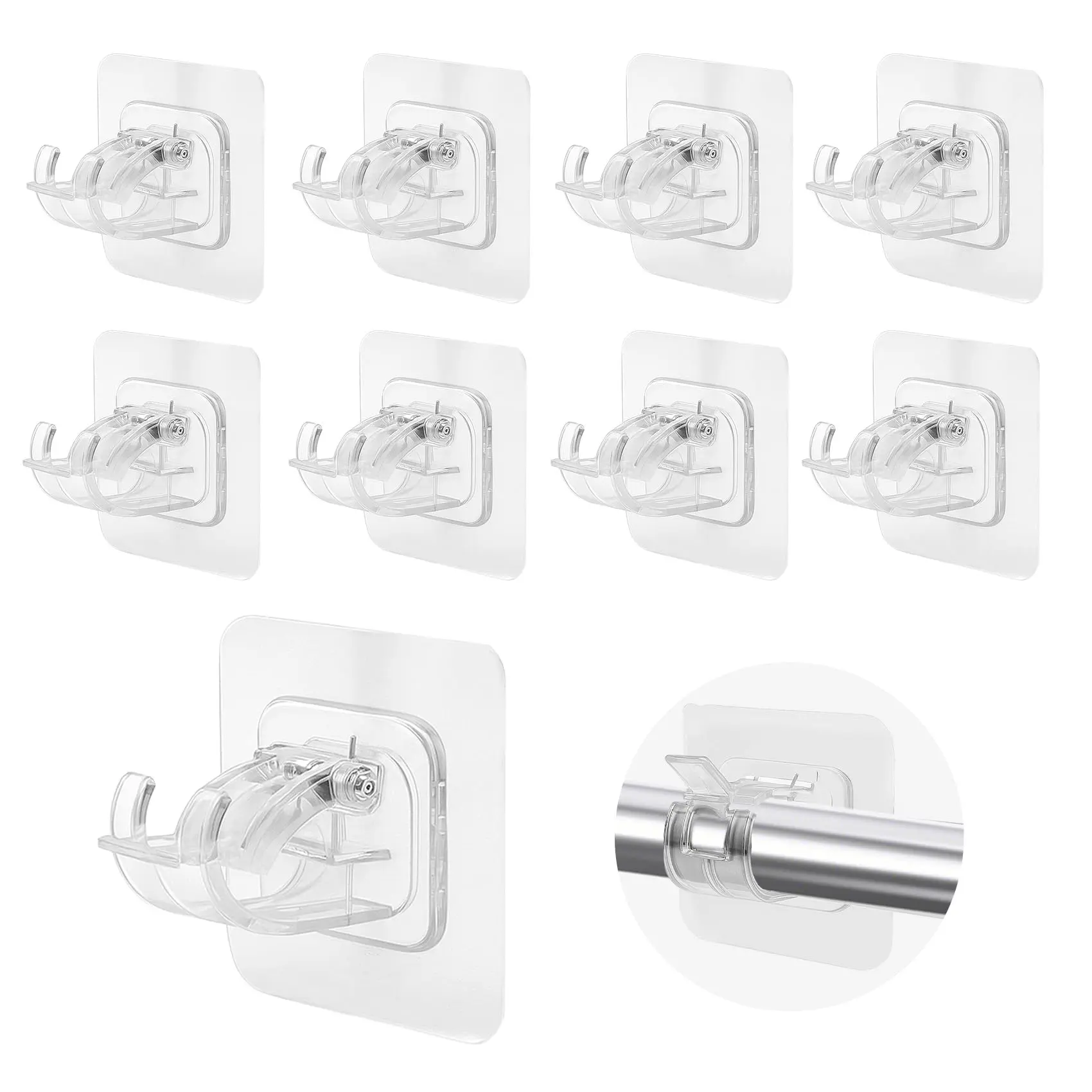 8PACK 4-in-1 No Drill Curtain Hangers - Self-Adhesive Mounts, Adjustable Hooks, Nail-Free for Bathroom, Bedroom, Hotel - Black