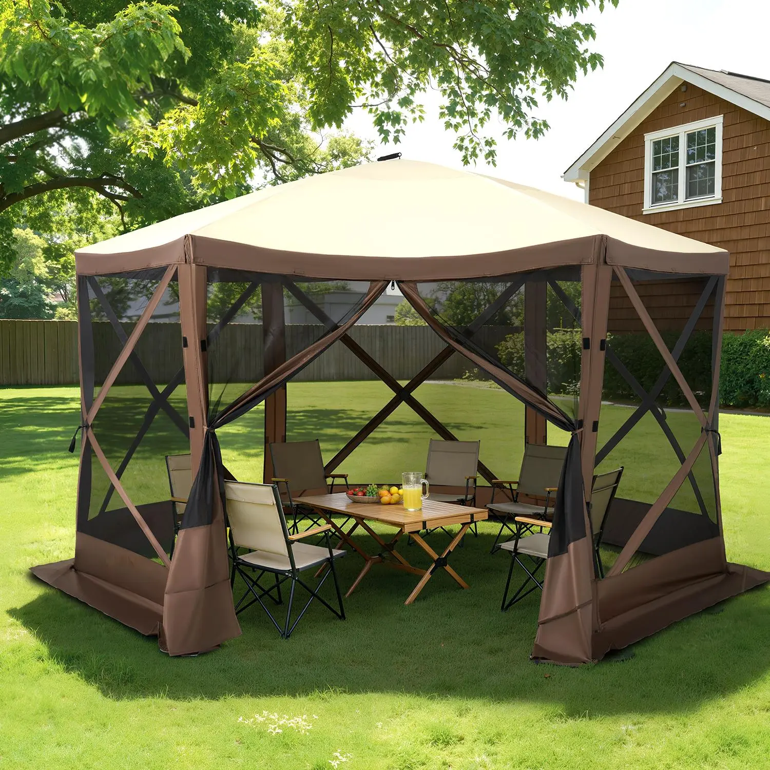 Joydale 12x12FT Pop Up Gazebo Screen Tent, 6-Sided Canopy Tent with Carry Bag and Stakes, Screen House Sun Shelter Tents for Camping, Backyard, Patio, Lawn, Brown