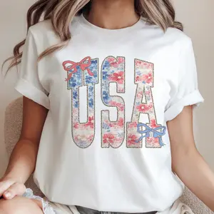 USA Floral Olympics Graphic Tee Patriotic America Olympic Team Tshirts 250 Year USA Red Blue Bow Casual Crewneck Shirt