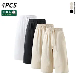 4PCS Men’s breathable linen cropped pants, 100% cotton loose fit 3/4 length shorts with pockets