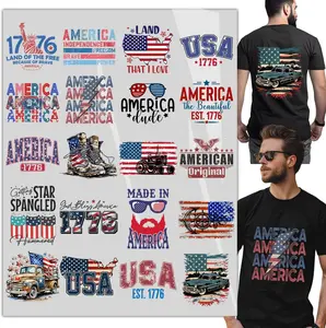 20PCS DTF Heat Transfer for T-Shirts – Patriotic 4th of July USA Independence Day Iron On Transfers, American Flag Ready to Press Transfer Designs for Clothing, DIY Shirt Printing Supplies