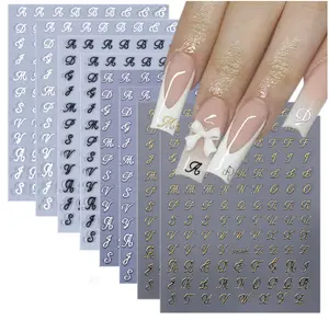 8 Sheets Retro English Letters Nail Stickers for Nail Art 3D Self-Adhesive Black White Gold Silver Design Nail Decals Pegatinas Uñas Personalized Letter Nail Art Stickers for Women DIY Manicure Tip