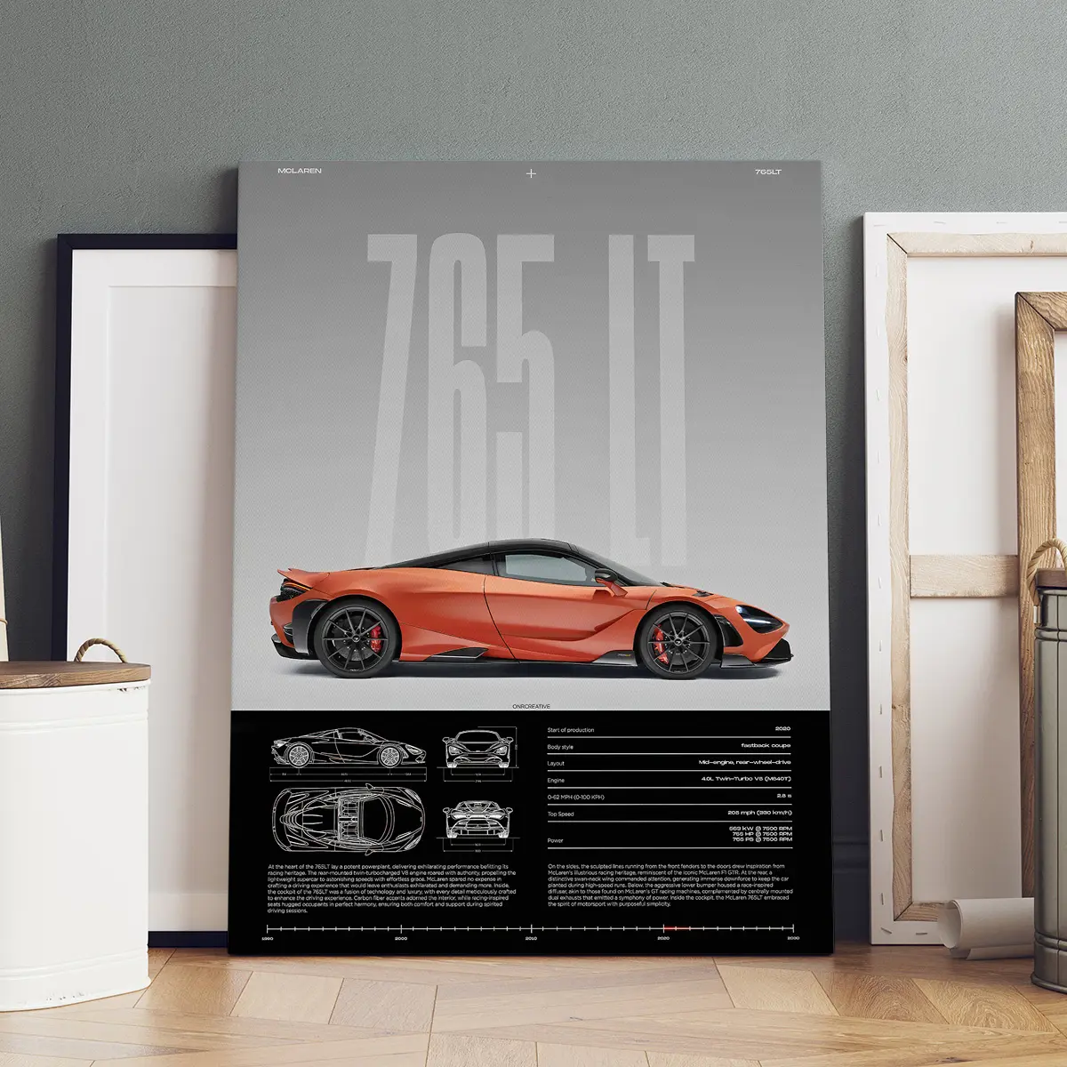 1 Count Wooden Framed Canvas, McLaren 765LT Performance Display Poster, Modern Art, Fashion Poster, Art Prints, Living Room Bedroom Decoration, Hallway Office Mural, Kitchen, Home Poster, Ideal Gift, High Definition, Waterproof, Artwork, Print