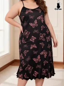 Plus Size Fashionable Women's Sleepwear, Summer Butterfly Print Sleeveless Dress, Comfortable Home Wear for Sleeping