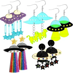 5 Pairs UFO Aliens Space Alien Acrylic Planet Earrings for Women Funky Weird Novelty Crazy Cute Fun Earrings Dangle for Halloween Jewelry