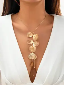 Vintage Fashion Y-Shaped Leaf Pendant Necklace, Elegant Party Jewelry Gift for Women, Unique Metal Tassel Design