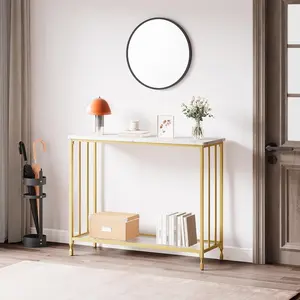 Narrow Entryway Console Table with Glass Shelf & Metal Frame