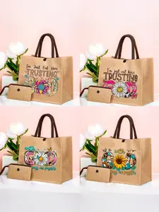 Daisy Filled God Letter Square Tote Bag, Butterfly and Puppy Design, Button Closure, Casual All-Season Backpack