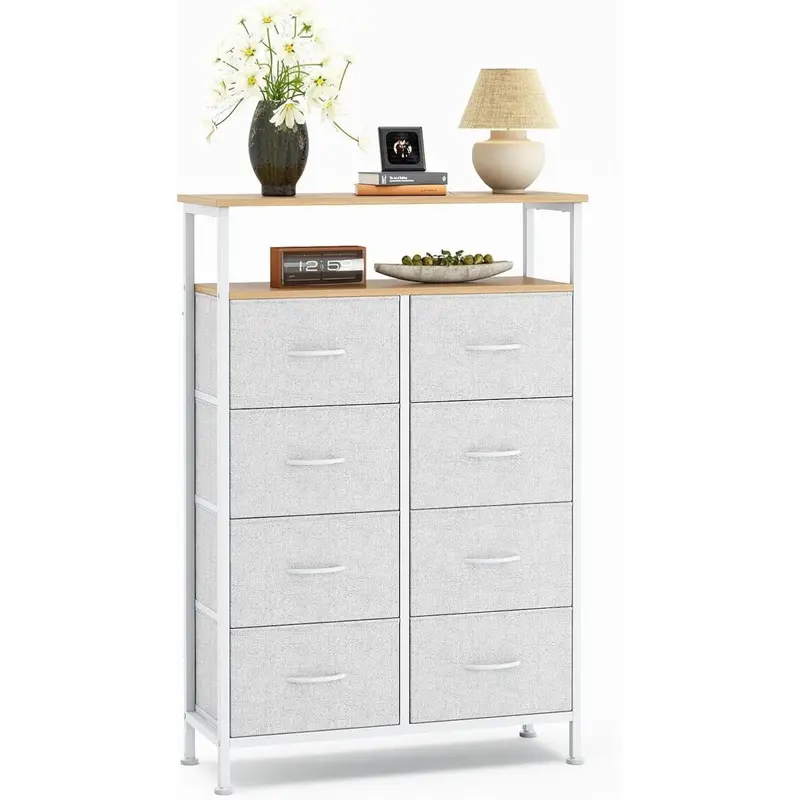 Sweetcrispy Sturdy Wooden Top TV Stand - Indoor Furniture Cabinet Table with Raised Shelf, Built-In Fabric Drawers, Charging Station, Anti-Tip Wall Mount Ready, 45" TV Support for Living Room Multimedia Centre