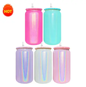 YIPAI 50 Pack Holographic Shimmer Rainbow Color Reusable Sublimation Glass Can with Bling Rhinestone Plastic Lids, Portable Drinkware