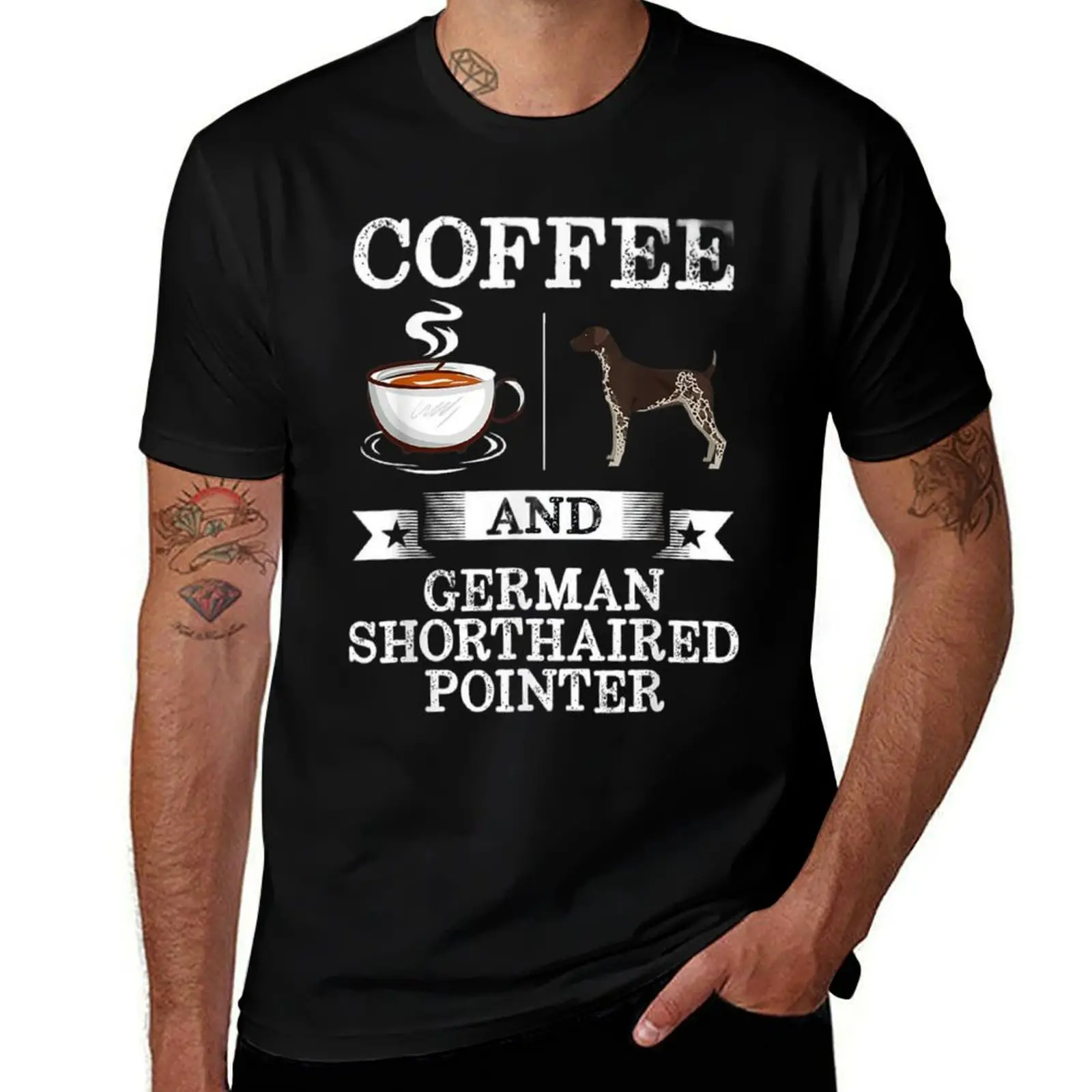 Shorthaired Pointer & Coffee Graphic Mens T Shirts Cotton Short Sleeve T-Shirt Crew Neck Tees Casual Shirt