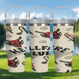 1pc 30oz Stranger Things Hellfire Club Stainless Steel Vacuum Insulated Cup, Leak-Proof Travel Mug, Non-Slip Base, Hot/cold Drinks