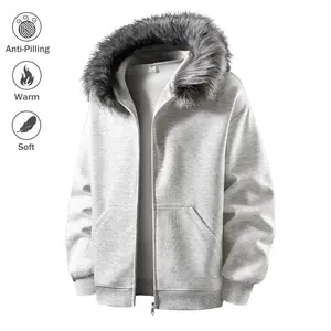 Men's hooded zipper jacket, autumn and winter faux mink fur collar, warm and anti pilling soft casual loose sports shirt, cardigan wool coat, men's beige long sleeved shirtRAIMENTRY