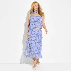 Women's Chiffon Ruffle Below Knee Midi Skirt - Wild Fable™ Light Blue Floral S