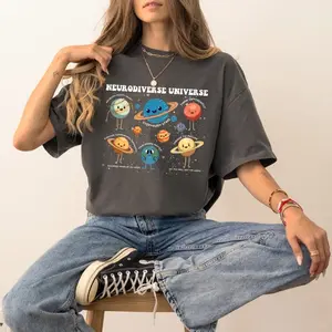 Lady's Neurodiversity Streetwear Top - Baggy Oversized Casual T-Shirt with Cute Space Planets, Neurodiverse Universe & Autism Awareness Design
