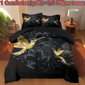 Vintage Bird & Flower Bedding Set, Soft Comfortable Cotton, 3 Piece (1 Quilt + 2 Pillowcases), All-Season Home Decor