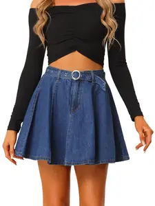 INSPIRE CHIC High Waist A-Line Flared Mini Jean Denim Skirt with Belt Mid-Blue