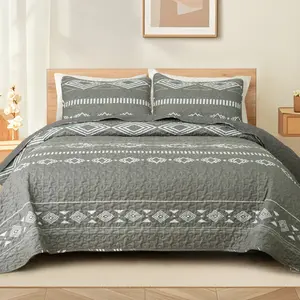 Reversible Ultra Soft Printed Quilts King Size, Lightweight Patchwork Geometric Stripes Bedspreads Coverlets Quilt Bedding Set with 2 Pillow Shams for All Seasons