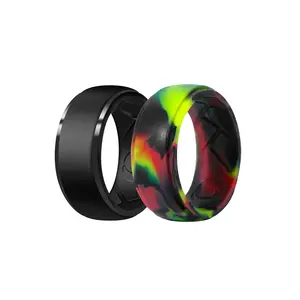 2Pack Camo Step Edge Silicone Wedding Ring For Men  Rubber Wedding Bands Engagement Ring With Breathable Air Groove