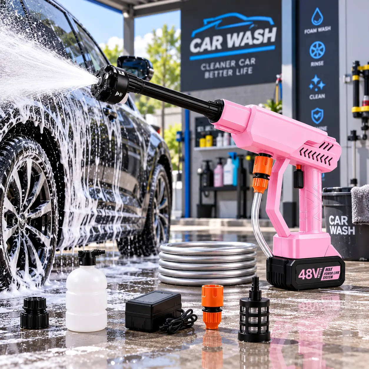 Cordless Pressure Washer for Cars, Portable Handheld Car Wash Gun with 6-in-1 Adjustable Spray Nozzle, Foam Bottle, 5M Water Hose & Filter, Rechargeable Power Cleaner for Car, Patio, Garden & Outdoor Cleaning #CordlessPressureWasher#PortablePressureWasher