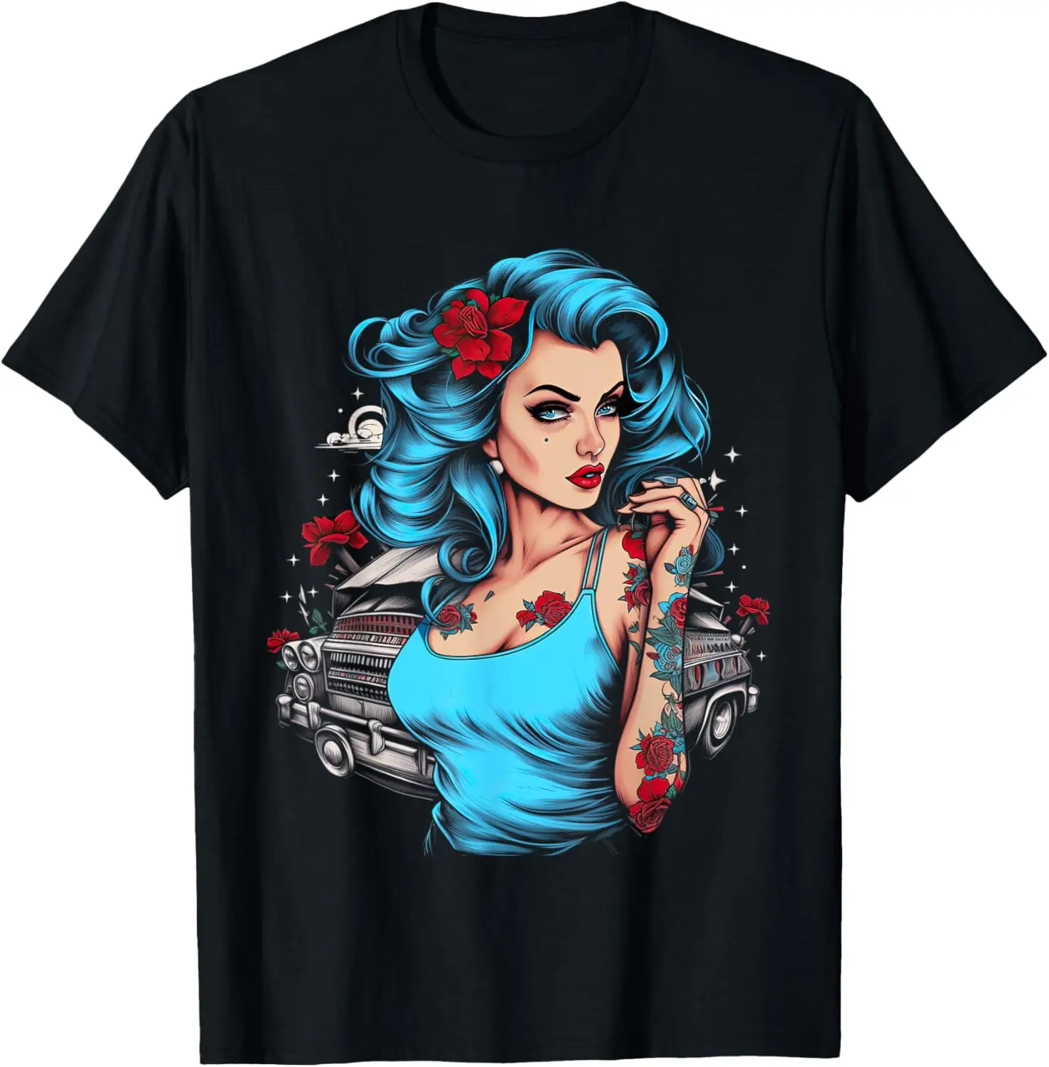 Lady's Round Neck 100% Cotton Tshirt - Vintage Pinup Print, Casual Short Sleeve, Whimsical Cute Everyday Streetwear Top