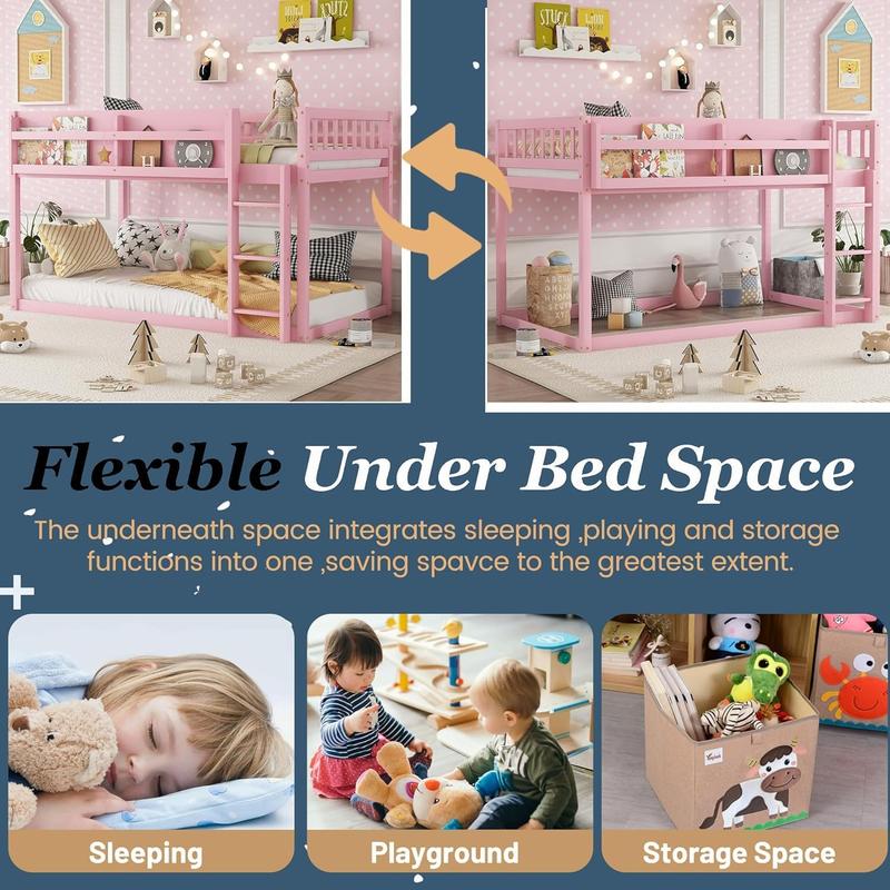 Twin Low Bunk Beds Frame, Wooden Bunk Bed Frame Twin Over Twin, Convertible Floor Bunk Bed with Storage Shelf & Ladder, No Box Spring Needed (Pink)