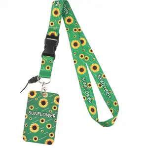 Fashion Sunflower Vertical ID Holder with Detachable Lanyard, Polyester Fiber, Sliding Card Case, Ideal for Work & Student Ids, Perfect Gift