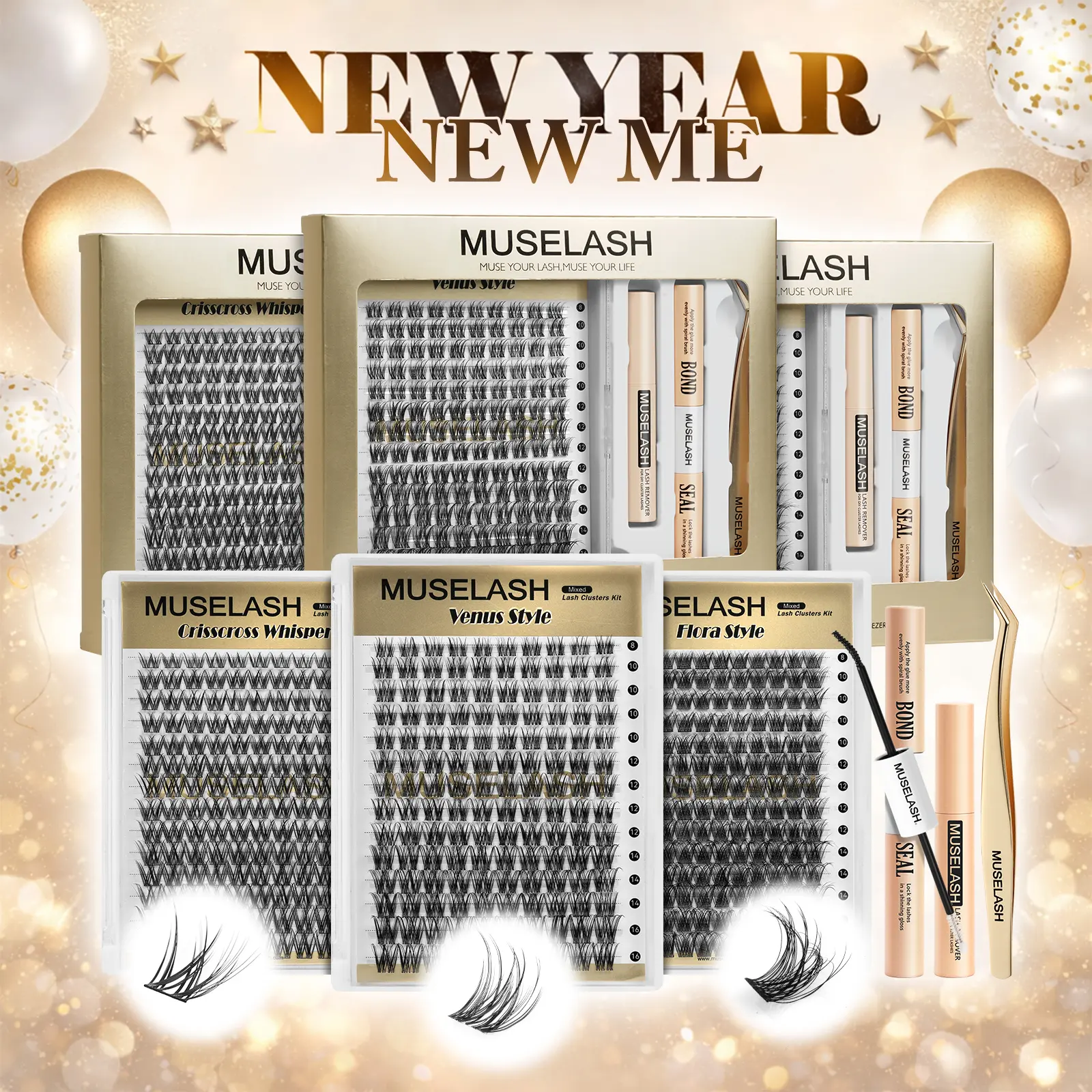 MUSELASH PRO C Curl Mixed Individual Lash Cluster Kit (Venus|Flora|Crisscross Whisper), 8-16mm, with Degradable Bond & Non-Toxic Paraben-Free Seal, Tweezers, Remover, Waterproof, Long-Lasting, Beginner-Friendly for Natural Daily Makeup
