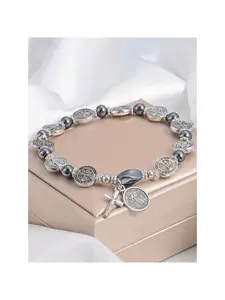 Vintage Agate Beaded Bracelet, Handmade Elastic String, Cross Pendant Charm, High-Quality Unisex Jewelry for Casual Daily Wear, Elegant Blessed Always