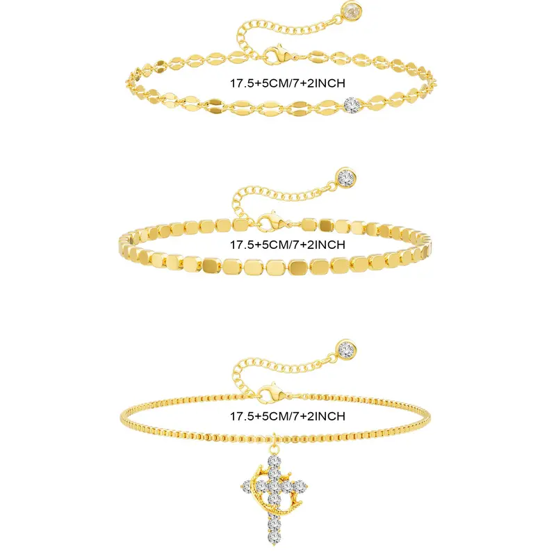 TEWIKY 2/3 PCS Crown Cross Bracelets For Women Dainty Stackable Bracelets Trendy Sparkling Waterproof Bracelet Set Adjustable Pack Gifts For Women Girls For Fashion Jewellery Accessories Feminine For Easter