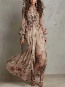 2026 Summer New Women's Vintage Floral Print Round Neck Long Sleeve Pleated Waist Dress, Elegant Casual Fashion for Daily Wear