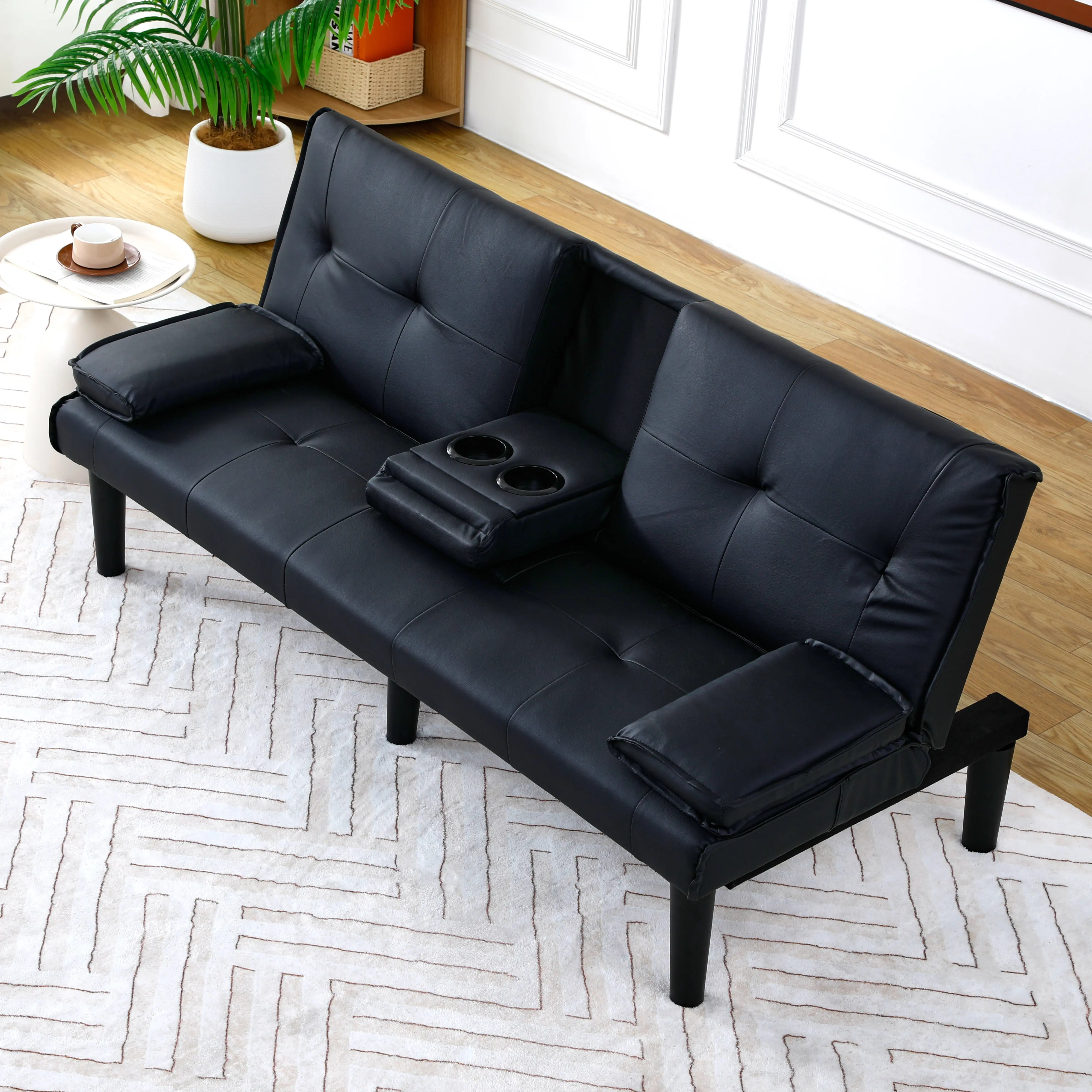 Eyisean 67 in Modern Black Upholstered Convertible Futon Sofa Bed, Solid Wood Frame Couch with 2 Cup Holders, Sleeper for Home Office Sofas Living Room, Upholstered Sofa Couch, Sponge