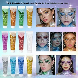 Music Festival Dazzling 12-Color Glitter Palette, Sparkle Explosion Shimmer Set for Body & Eyes, Rainbow Collection Makeup Kit