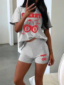 Women's "Cherry" Graphic 2-Piece Set, Summer Casual Matching Shorts and Round Neck T-Shirt, Perfect for Teen Girls' Daily Street Style and Beach Outings, Everyday