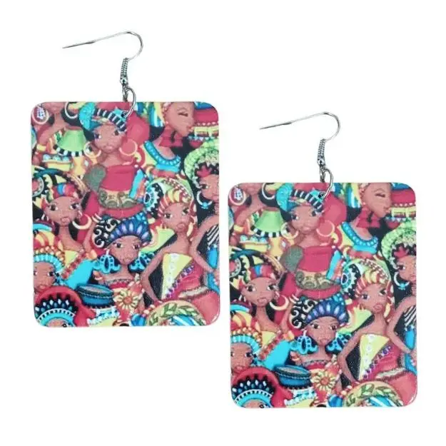 African Queen Unity Rectangle Statement Dangle Wood Earrings CLEARANCE
